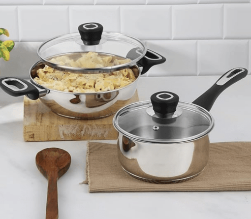 Vinod Veneto Stainless Steel Cookware Set of 2 | 1.7 Litre Kadai, 1.5 Litre Saucepan with Glass Lid | Stylish Ergonomic Hanldes | Induction Base | 2 Year Warranty - Silver - Image 2